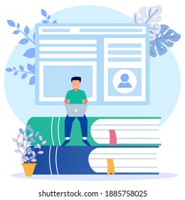 Vector illustration. Young man sitting on a pile of books. Requirements document specifications, Instructions for use of flat force vector concepts.
