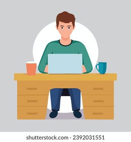 Eine Vektorgrafik eines jungen Mannes, der an einem Tisch sitzt und an seinem Laptop arbeitet