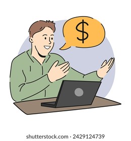 Vektor-Illustration eines jungen Mannes sitzt an einem Laptop. Reden über eine Videoverbindung. finanzieren