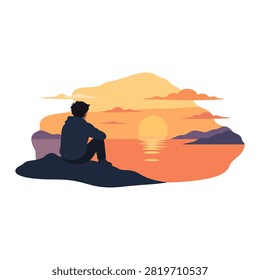 Vector illustration of a young man sitting on a cliff, enjoying a calm sunset over the ocean with mountains and warm golden sky reflections.