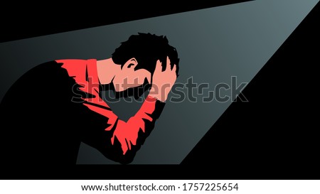 Vector illustration of a young man sitting in a dark room clasping his head in his hands with disturbing thoughts. Bright concept image of a despondent man thinking about future and regrets the acts