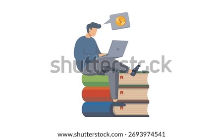 Vector illustration of a young man sitting on a stack of books while using a laptop, symbolizing online learning, education, and earning money from the internet. 
