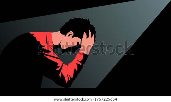 暗い部屋に座っている若い男が 心を乱す思いで頭を抱きしめているベクターイラスト 未来を考え 後悔 する意気消沈した男性の明るいコンセプトのイメージ のベクター画像素材 ロイヤリティフリー