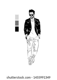 
Vector illustration of a young man. Sketch of a walking man.Figure men in a dark jacket.
