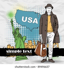  Vector illustration of a young man in sketch-style on a usa-background. Place for your text.