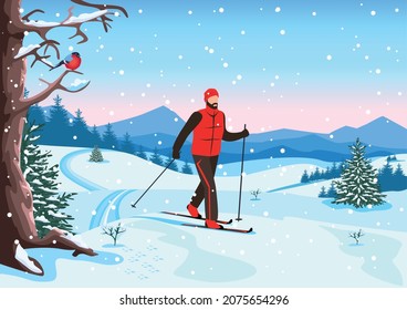 Vector illustration of a young man in a ski suit is skiing in the forest. Winter recreation and sports. Active lifestyle. Extreme sports.