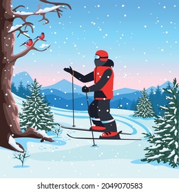 Vector illustration of a young man skiing in the mountains. Winter recreation and sports. Active lifestyle. Extreme sports.