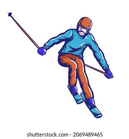 Vector illustration of young man skiing in the mountains. Snowboarding in the snow, winter 