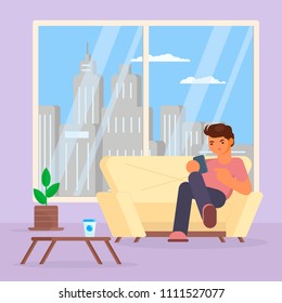 Vector Illustration Of Young Man With Smartphone Sitting On Sofa In Living Room. Flat Style Design.