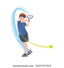 Vector Illustration of a young man in a sports uniform with a headband plays tennis, hits the ball with a racket, see the way the tennis ball moves.