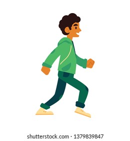 Vector illustration of young man in sportswear running isolated on white background - side view of happy active male character doing cardio training jogging in flat style.