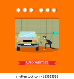 Vector illustration of young man spraying paint with spray gun on car body. Auto painting services concept design element in flat style.
