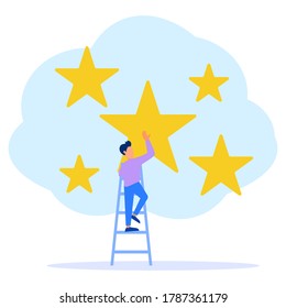 Vector illustration, young man up the stairs pressing the star menu, customer review ratings, different people giving ratings and feedback ratings, support for business satisfaction levels.