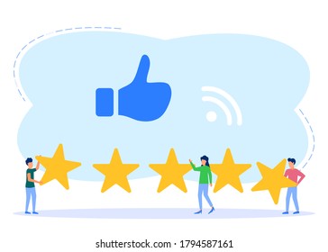 Vektorgrafik, junger Mann die Treppe hinauf, der das Sternenkarte drückt, Bewertungen von Kunden, verschiedene Personen, die Ratings und Feedback geben, Unterstützung für die Zufriedenheit von Unternehmen.