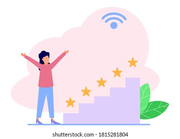 Vector illustration, young man up the stairs pressing the star menu, customer review ratings, different people giving ratings and feedback ratings, support for business satisfaction levels.