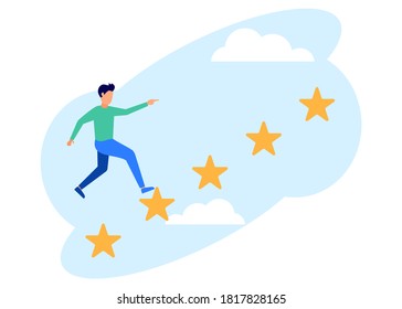 Ilustración vectorial, joven en las escaleras presionando el menú estrella, calificaciones de clientes, diferentes personas dando calificaciones y calificaciones de retroalimentación, soporte para niveles de satisfacción de negocios.