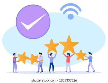 Vektorgrafik, junger Mann die Treppe hinauf, der das Sternenkarte drückt, Bewertungen von Kunden, verschiedene Personen, die Ratings und Feedback geben, Unterstützung für die Zufriedenheit von Unternehmen.