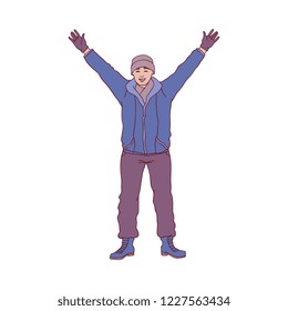 Vector illustration of young man standing with hands up in winter time in sketch style - hand drawn happy smiling boy in warm cloth welcoming or greeting someone isolated on white background.