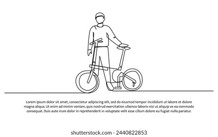 Ilustración vectorial de un joven de pie sosteniendo una bicicleta. Moderno piso en estilo de línea continua.