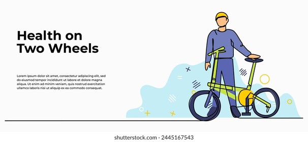 Vector illustration of young man standing holding a bicycle. Modern flat in continuous line style.