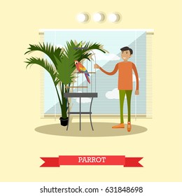 Vector illustration of young man standing next to bird cage with cockatoo. Buying a parrot flat style design element.