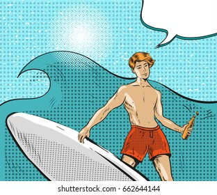 Vector illustration of young man standing on surfboard and riding on ocean wave, speech bubble. Water sports concept design element in retro pop art comic style.