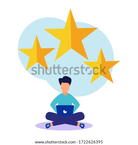 Vector illustration of young man with a star icon. The best performance estimate, five points. people return feedback and comments, successful work is the highest score.