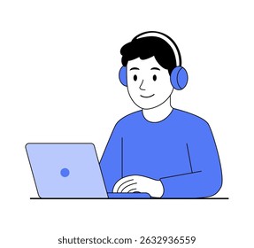 Vector illustration of a young man studying online using a laptop and headphones. Perfect for e-learning, education, remote work, digital training, or online communication projects.