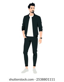 Ilustración vectorial. Hombre joven Look urbano con estilo con chaqueta bomber negra y pantalones, adecuado para el uso diario y creando un acento de moda.