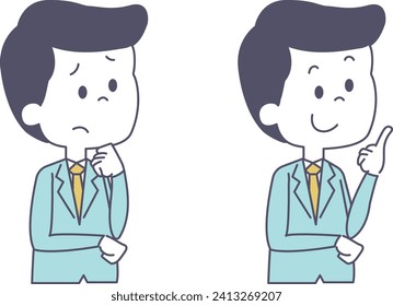 A vector illustration of a young man in a suit, looking troubled and having a revelation