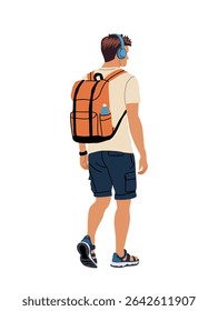 Vector illustration of young man in summer sport style clothes, wearing headphones and carrying a backpack, rear view. Isolated on white background. Youth, travel, and lifestyle concept