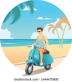 Vector illustration of a young man with sunglasses riding blue scooter along the tropical beach.