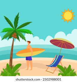 Vector illustration of a young man in swimming trunks walking with his board. Concept of summer, summer vacation, relaxation, tourism, rest and sunbathing.