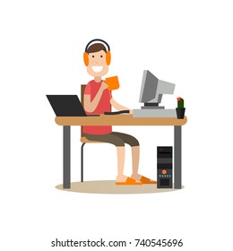 Vector illustration of young man system administrator or programmer working on computer. Creative team people flat style design element, icon isolated on white background.