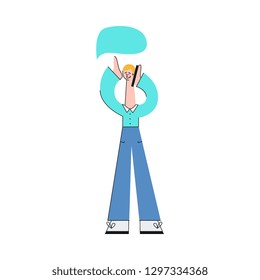 Vector illustration of young man talking on his mobile phone in flat style isolated on white background - smiling male character conversing using electronic device with speech balloon.