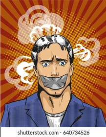 Vector illustration of young man with taped mouth in retro pop art comic style. Person is not able to express his thoughts.
