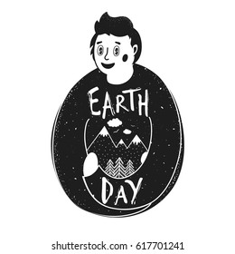 Vector illustration with young man that hug the mountains, pine trees, clouds and birds. Typography poster for Earth Day holiday