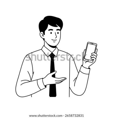 Vector illustration of young man in tie showing a mobile phone with blank screen