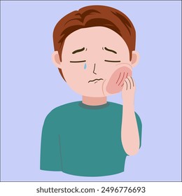Vector illustration of young man tootache, swollen tooth, cheek, good for showing sick symptoms, isolated on blue background 
