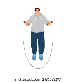 Vector illustration of a young man in a tracksuit happily jumping rope. Training in digital graphics is ideal for sports and physical exercises on a white background.