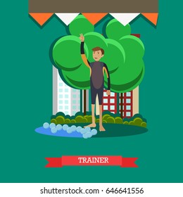 Vector illustration of young man training dolphin to perform tricks for public performances. Dolphin trainer flat style design element.