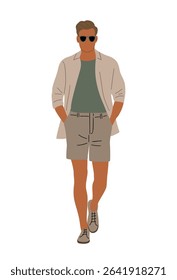 Vector illustration of young man in trendy summer street fashion and sunglasses walking, front view, isolated on white. Perfect for style, urban lifestyle, youth, and fashion themed designs.