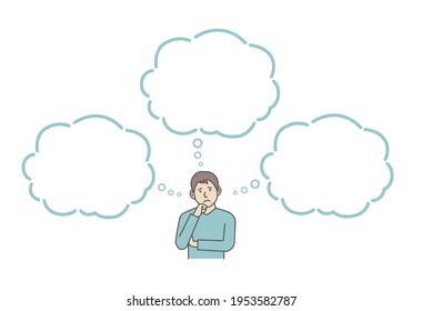 Vector Illustration of young man in trouble or confused with speech bubbles.