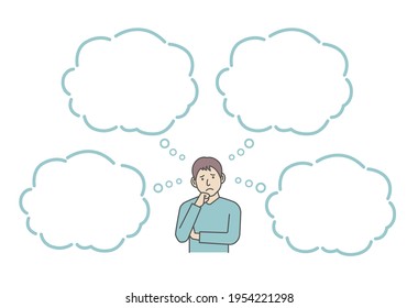 Ilustración vectorial de un joven en problemas o confundido con burbujas de habla.