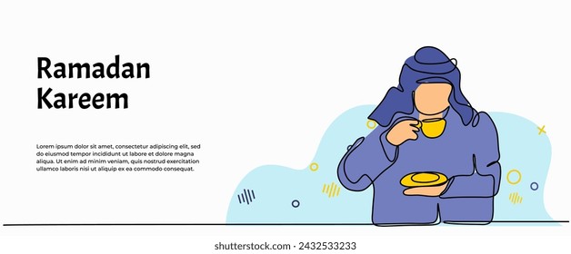 Vector illustration of a young man in a turban is drinking with a cup. Modern flat in continuous line style.
