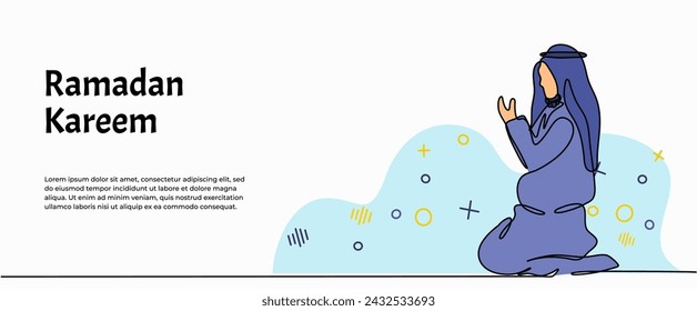 Vector illustration of a young man in a turban is praying. Modern flat in continuous line style.