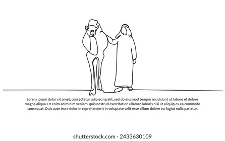 Vector illustration of a young man in a turban leads a camel. Modern flat in continuous line style.