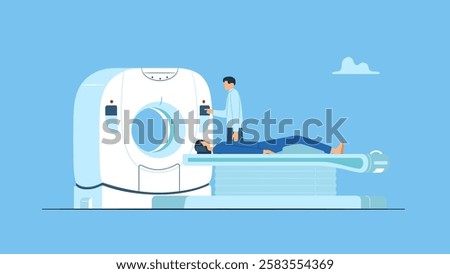 Vector illustration of a young man undergoes an MRI or ct scan test using diagnostic equipment in a modern hospital. Health care concept.
