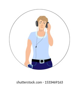 Vector illustration. Young man using modern technology gadget on transparent background. Person with  player.