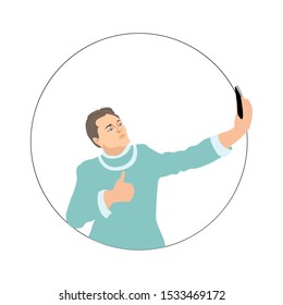 Vector illustration. Young man using modern technology gadget on transparent background. Person with smartphone. Selfie.